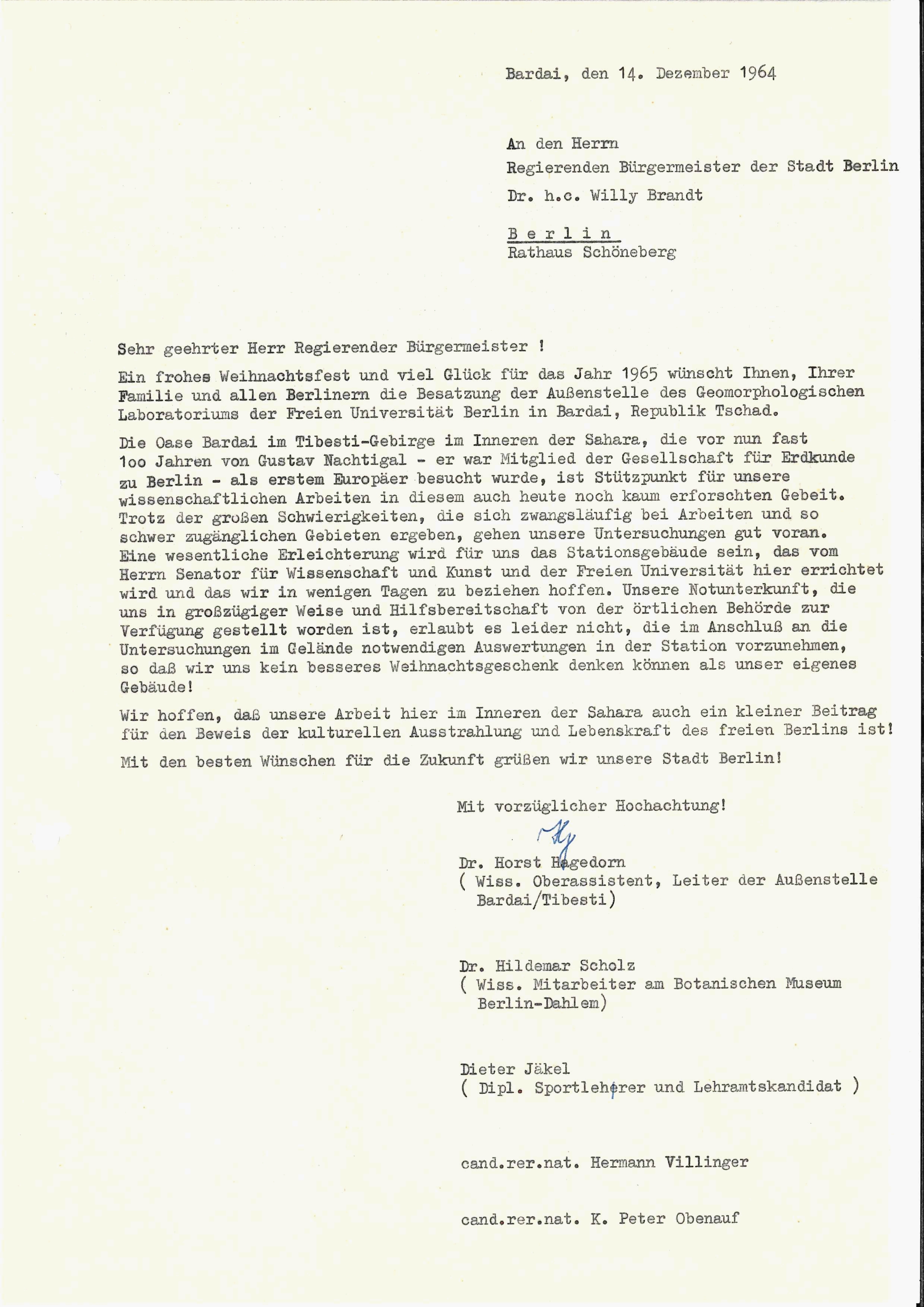 Weihnachtsgrüße (1984) der Besatzung der Außenstelle Bardai an den regierenden Bürgermeister