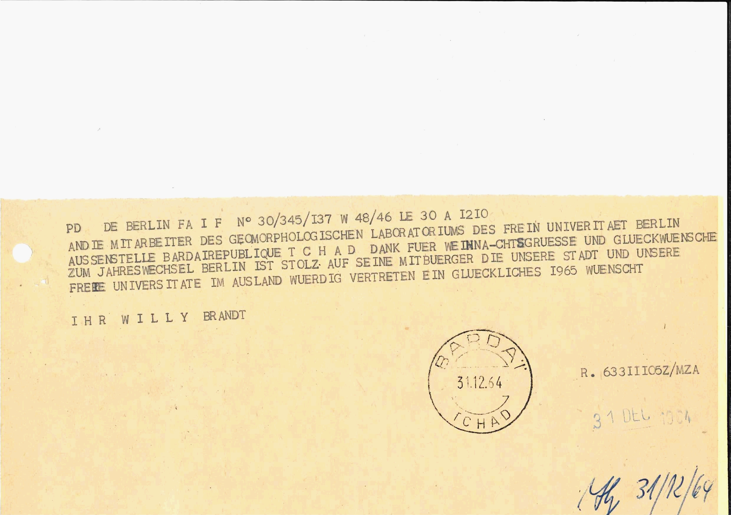 Antwort auf die Weihnachtsgrüße vom regierenden Bürgermeister von Berlin, Willy Brandt