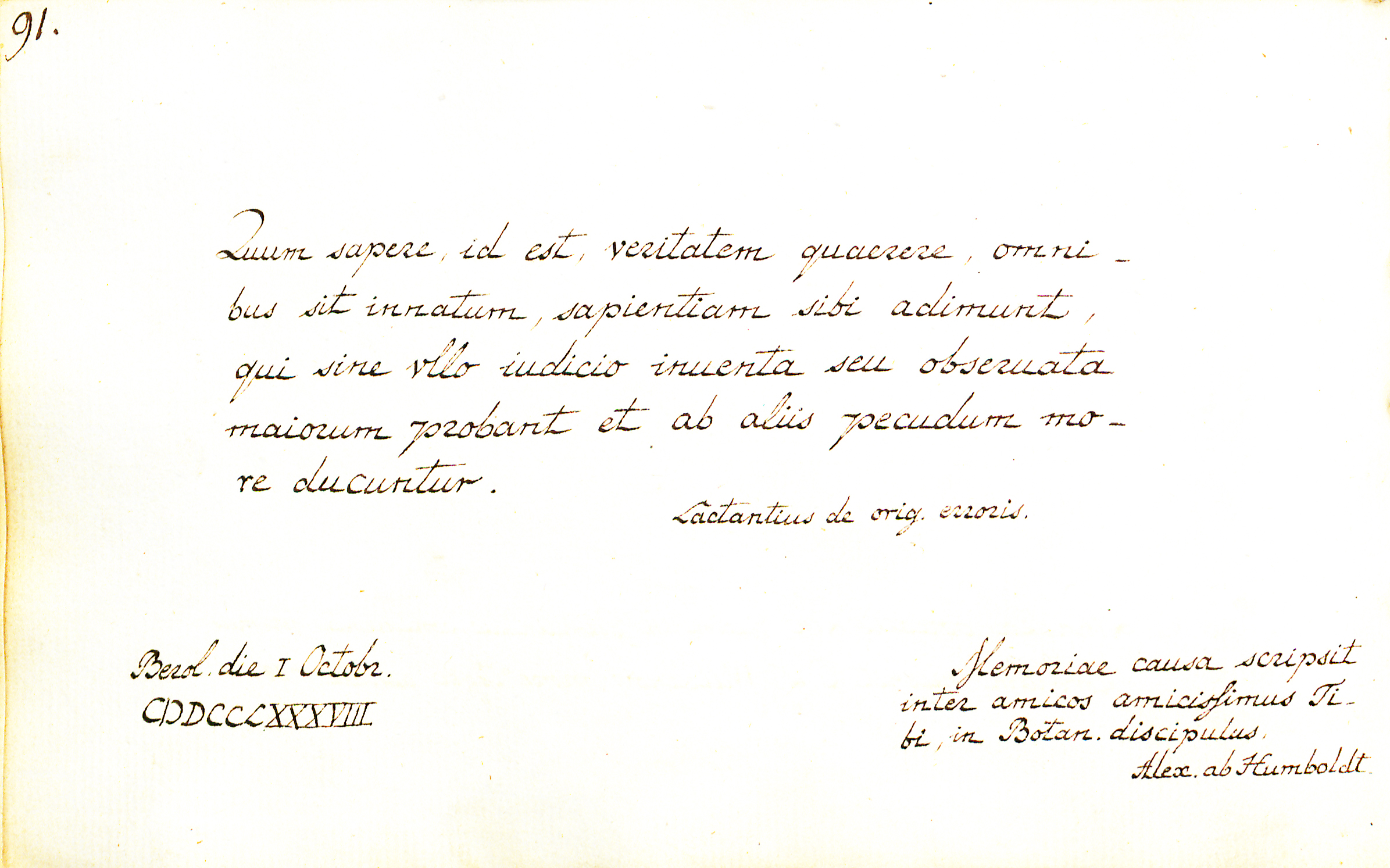 Handschriftlicher Eintrag von Alexander von Humboldt