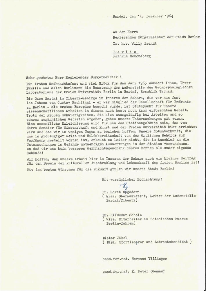 Weihnachtsgrüße (1984) der Besatzung der Außenstelle Bardai an den regierenden Bürgermeister