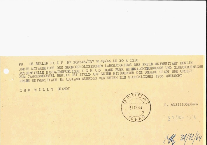 Antwort auf die Weihnachtsgrüße vom regierenden Bürgermeister von Berlin, Willy Brandt