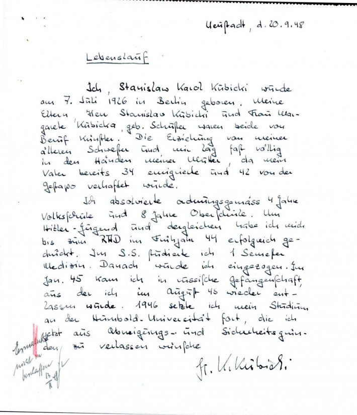 Handgeschriebener Lebenslauf von Stanislaw Karol Kubicki, 1948