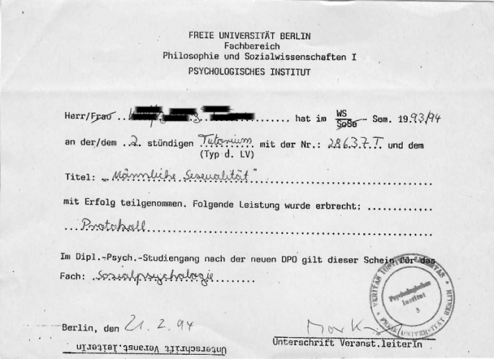 Leistungsschein im Fach Psychologie am Psychologischen Institut (PI), 1994