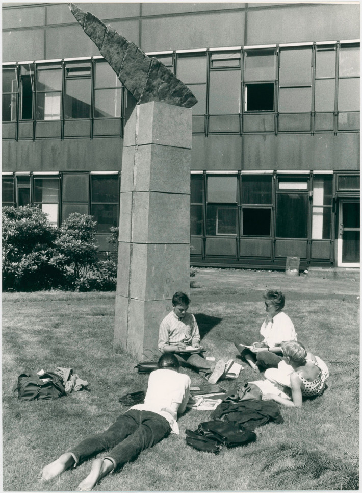 Eine Gruppe Studierender beim Lernen auf der Wiese vor der Rostlaube