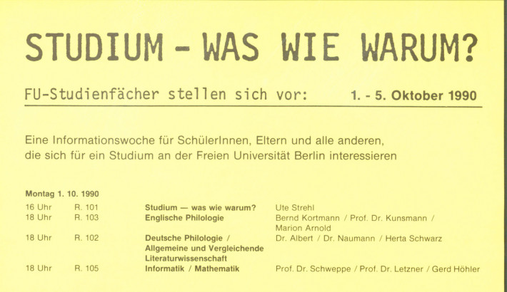 Ausschnitt aus dem Info-Blatt: "Studium-Was Wie Warum?", 1990